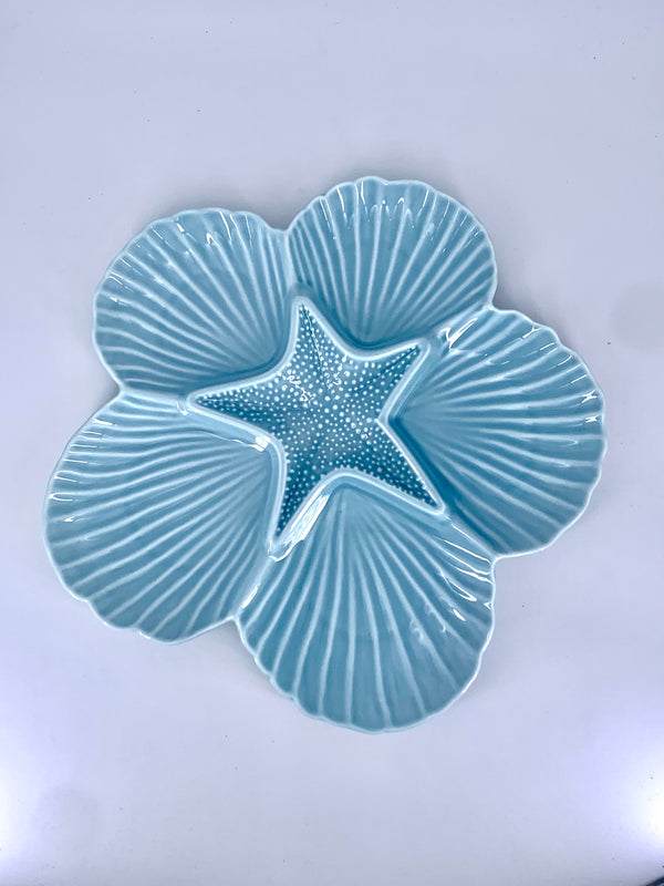 Prato Decorativo Azul com Conchas e Estrelas do Mar -  Toque Costeiro para Sua Mesa ou Decoração